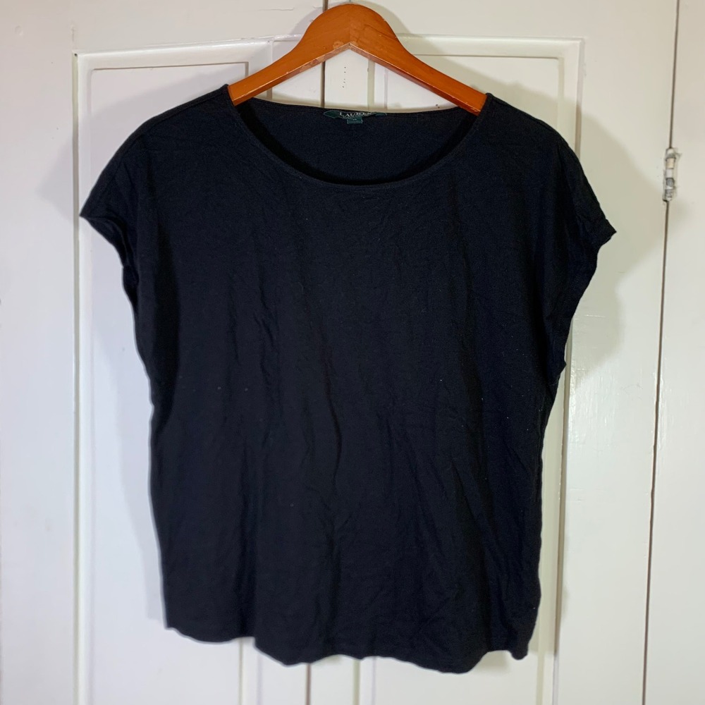 Lauren Ralph Lauren Black Cotton Modal Cap Sleeve Basics Top XL Preppy Minimal